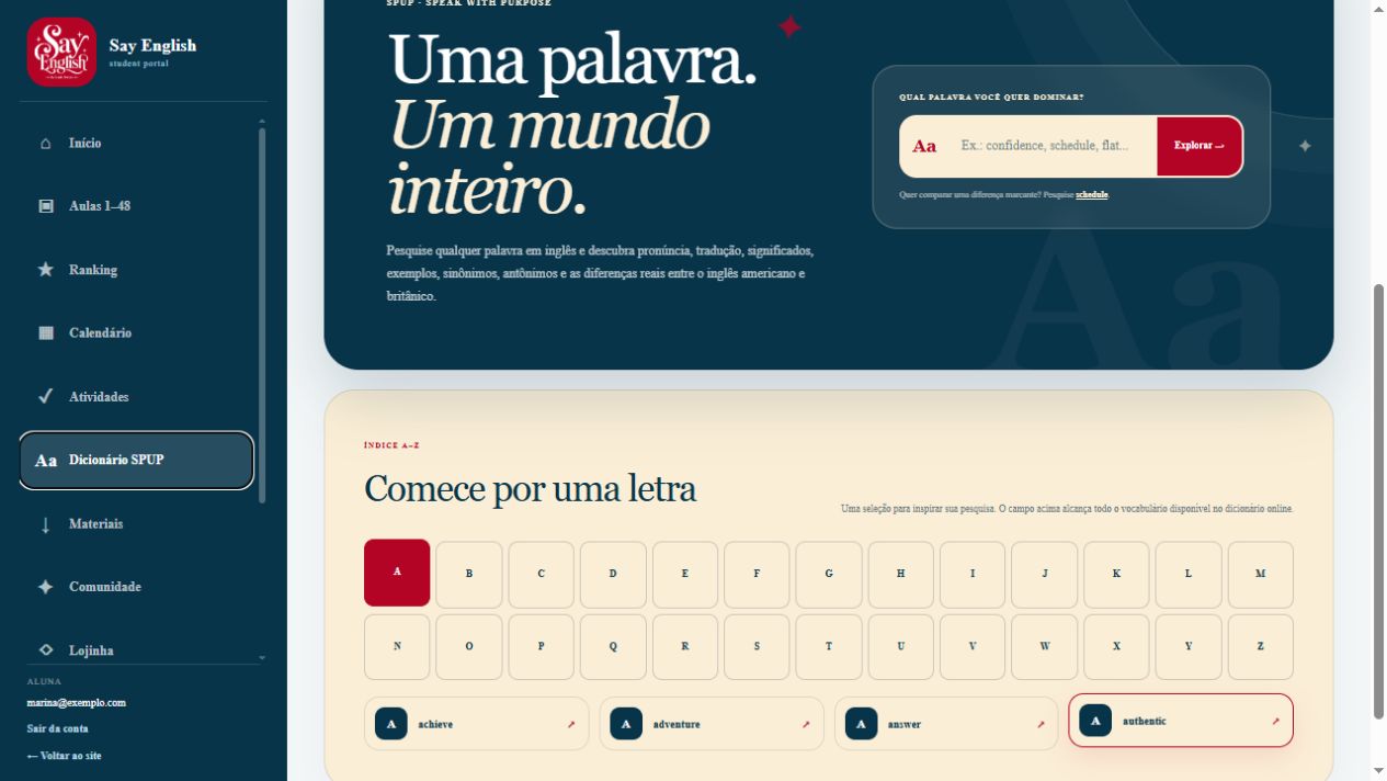 Portal real da aluna Say English em um MacBook